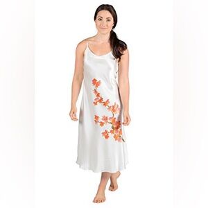 Texere Silk Slip Chemise 100% SILK White Orange Lilac Leaves Handpainted Large